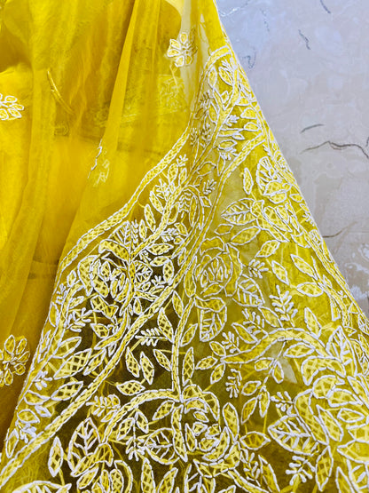 Close-up of dense white handmade Chikankari jaal and floral embroidery on pastel yellow pure organza silk saree — Desi Aadat