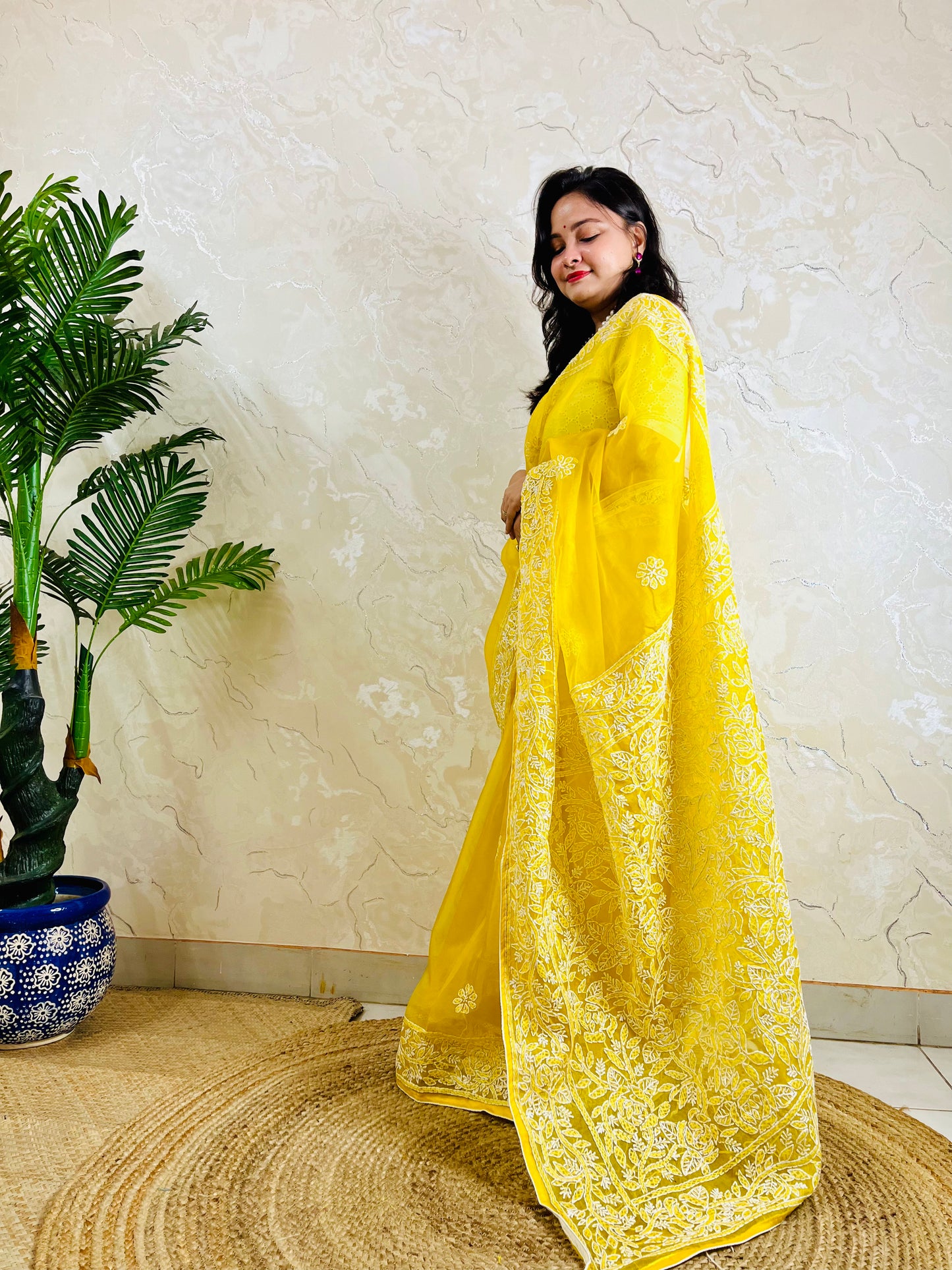Handmade Lucknowi Chikankari pastel yellow organza silk saree with full jaal embroidery — front standing view, Desi Aadat
