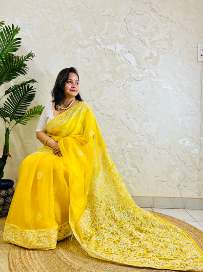 Limited edition pastel yellow Chikankari pure organza silk saree with dense white hand embroidery — sitting drape view by Desi Aadat