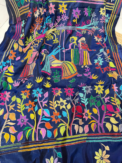 Detailed texture of silk blend with raised Kantha stitch embroidery work