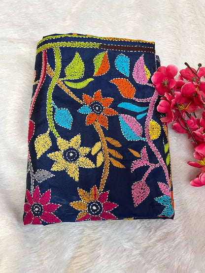 Peacock blue Kantha Stitch Saree with handcrafted human and floral motifs by Desi Aadat artisans