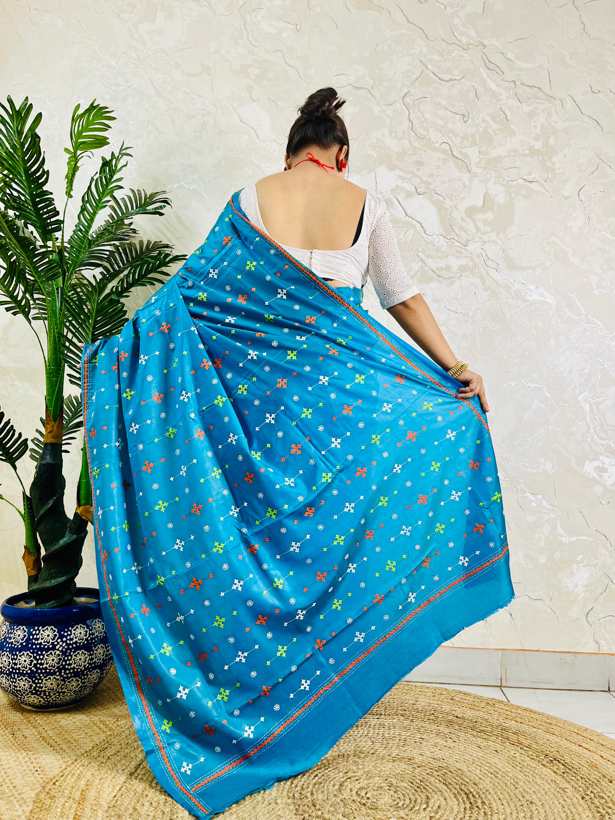 Peacock blue Gujarati stitch saree on Bangalore silk, full drape back view