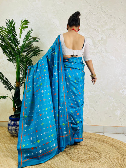 Back view of peacock blue Bangalore silk saree with Gujarati stitch embroidery