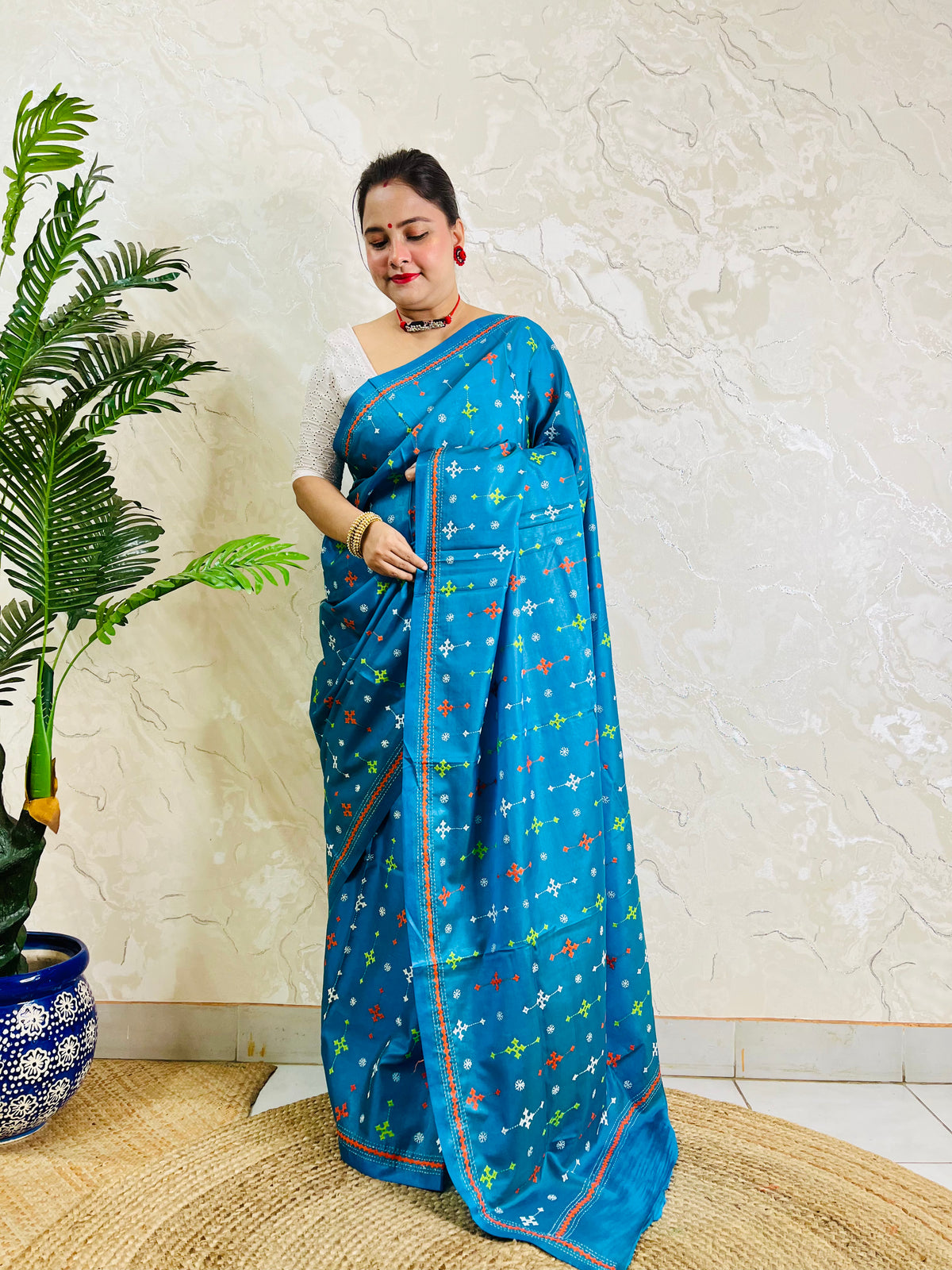 Peacock blue Gujarati stitch saree on Bangalore silk, full drape front view