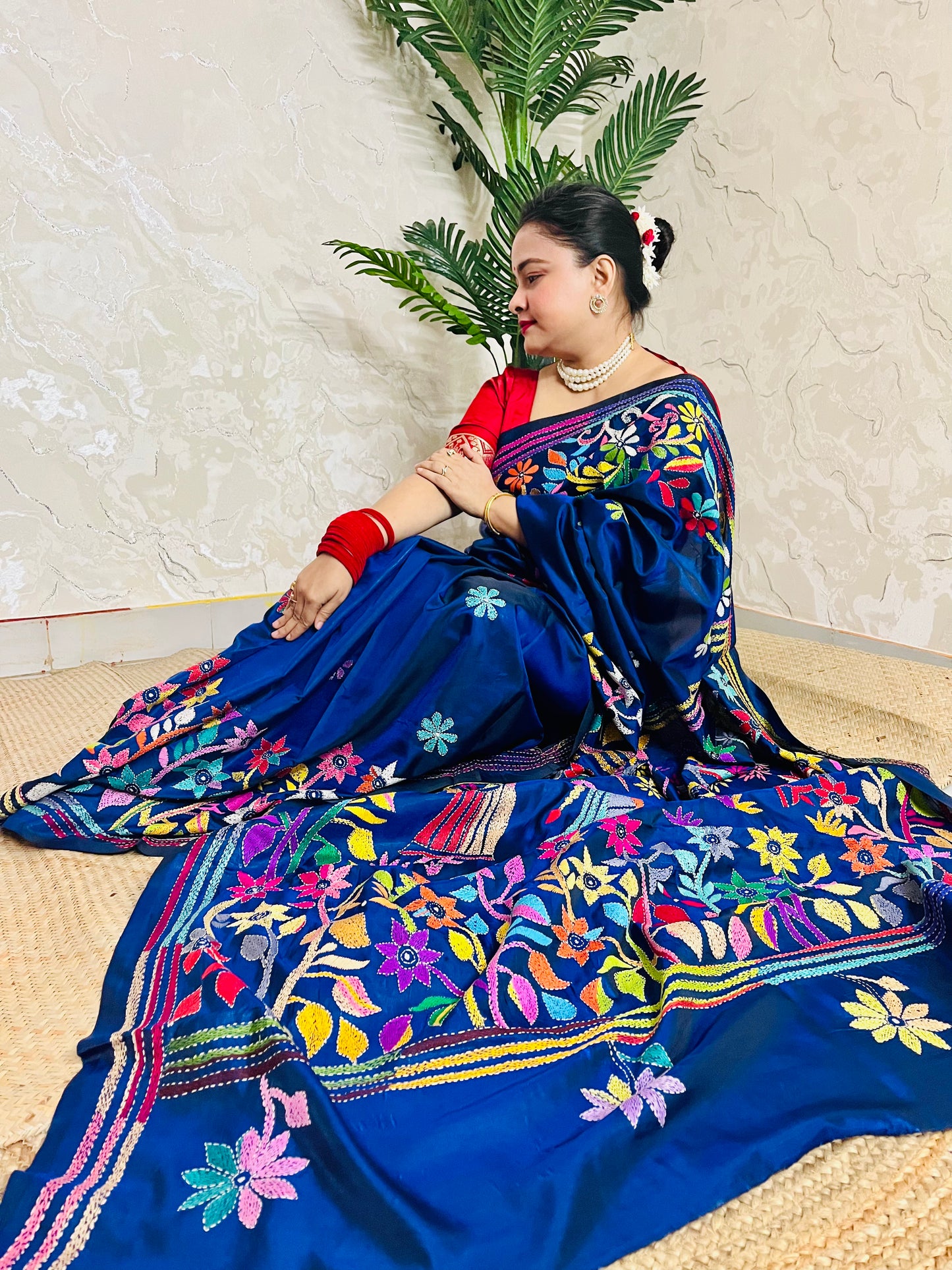 Detailed texture of silk blend with raised Kantha stitch embroidery work