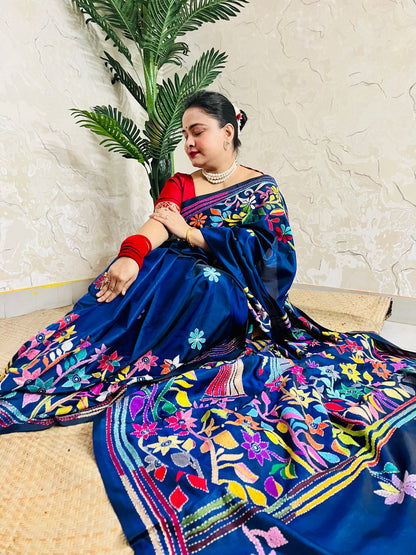 Detailed texture of silk blend with raised Kantha stitch embroidery work