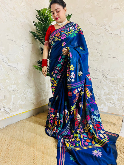 Detailed texture of silk blend with raised Kantha stitch embroidery work