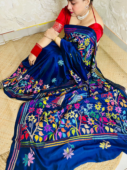 Detailed texture of silk blend with raised Kantha stitch embroidery work