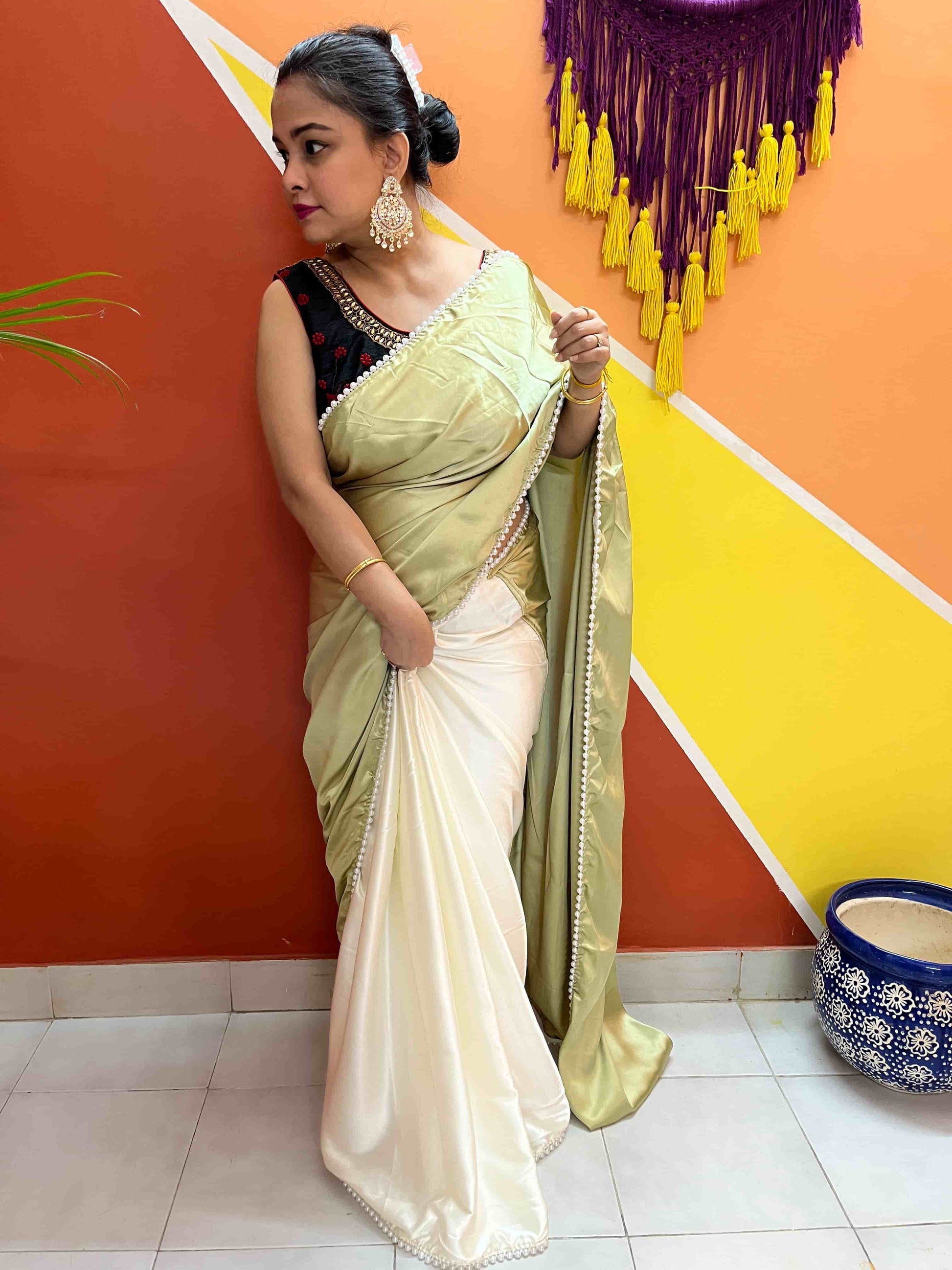 Close-up of Sage Green Pearl Satin Silk Saree Fabric Texture
