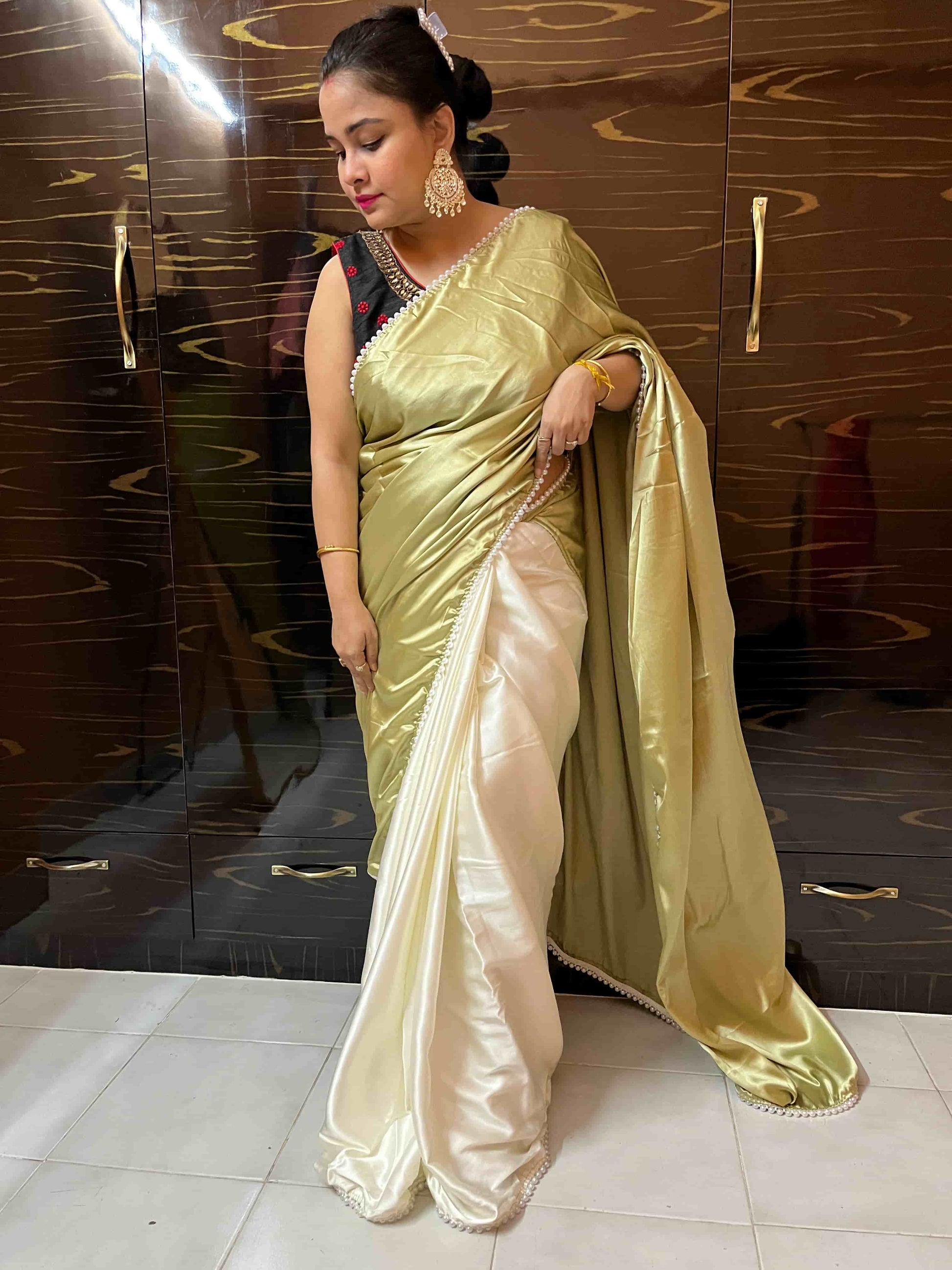 Desi Aadat Sage Green Pearl Satin Silk Saree, Handwoven Luxury