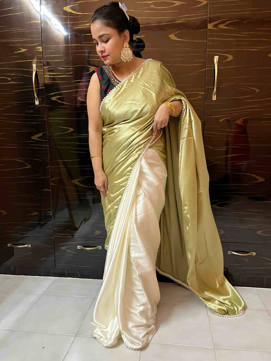 Desi Aadat Sage Green Pearl Satin Silk Saree, Handwoven Luxury