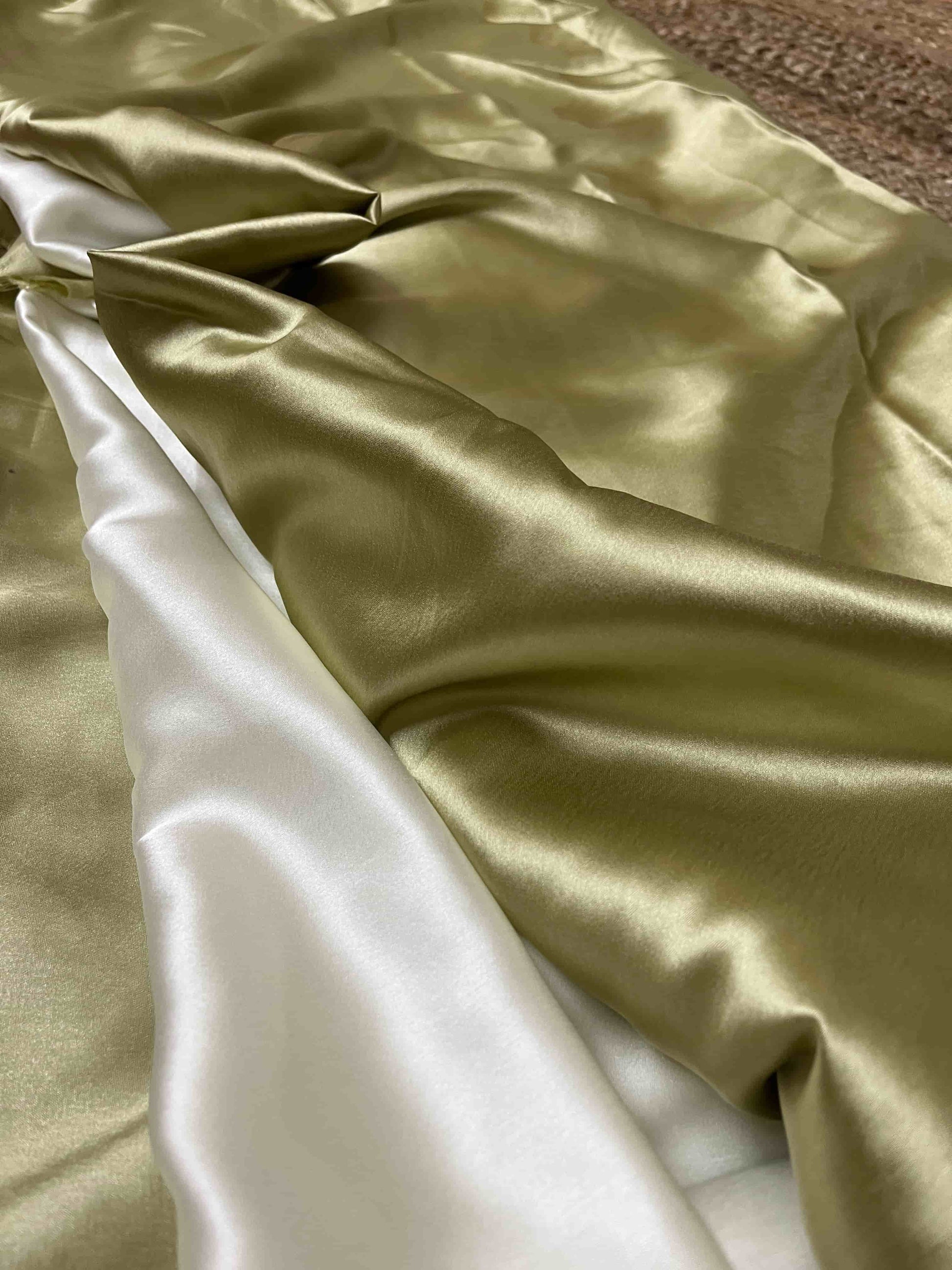 Model Wearing Sage Green Pearl Satin Silk Saree, Traditional Saree Look