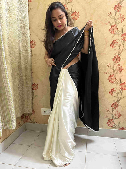 Black Pearl Satin Silk Saree – Timeless Elegance & Luxury
