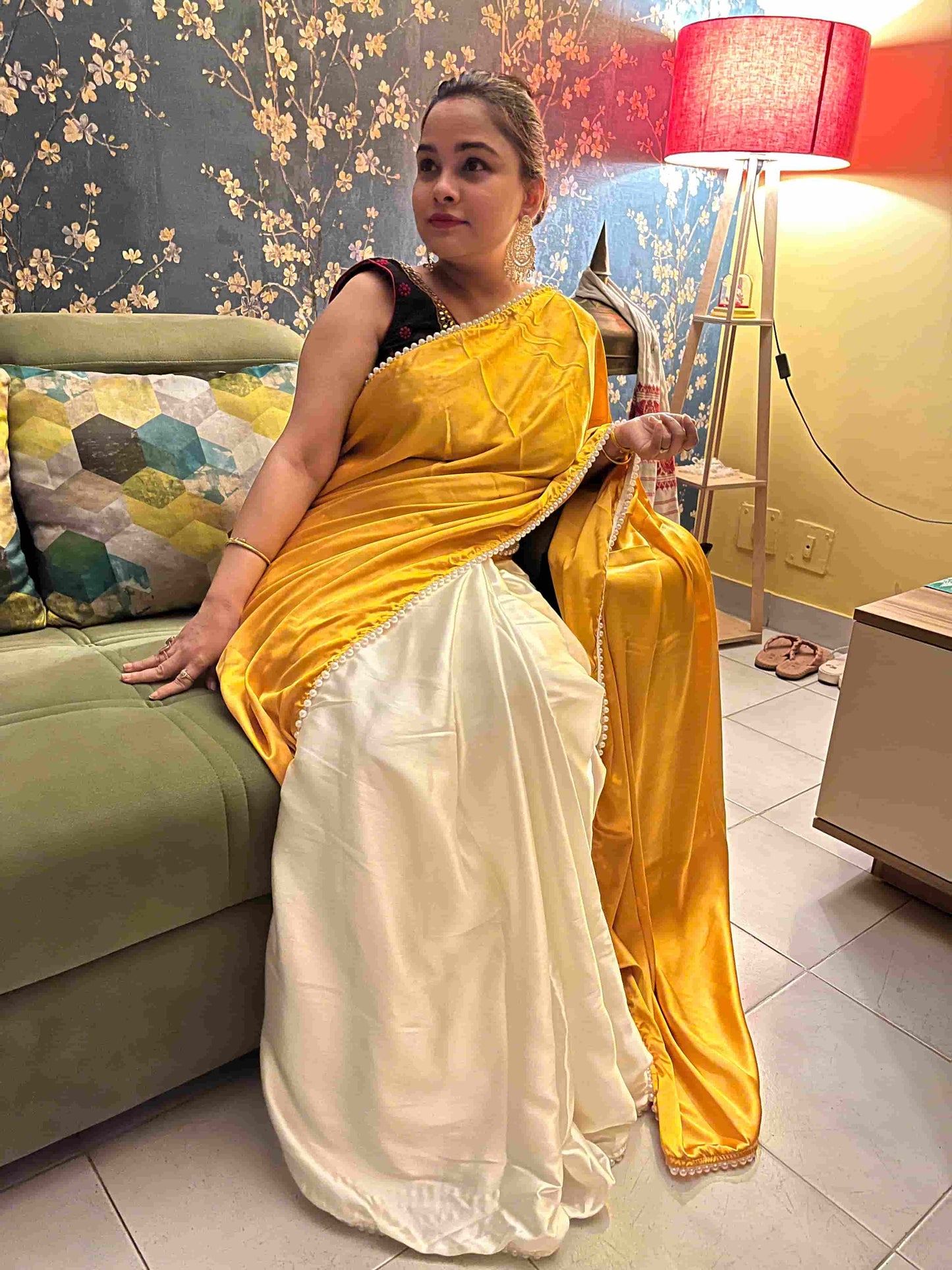 Handwoven Golden Yellow Pearl Satin Silk Saree with intricate craftsmanship by Desi Aadat