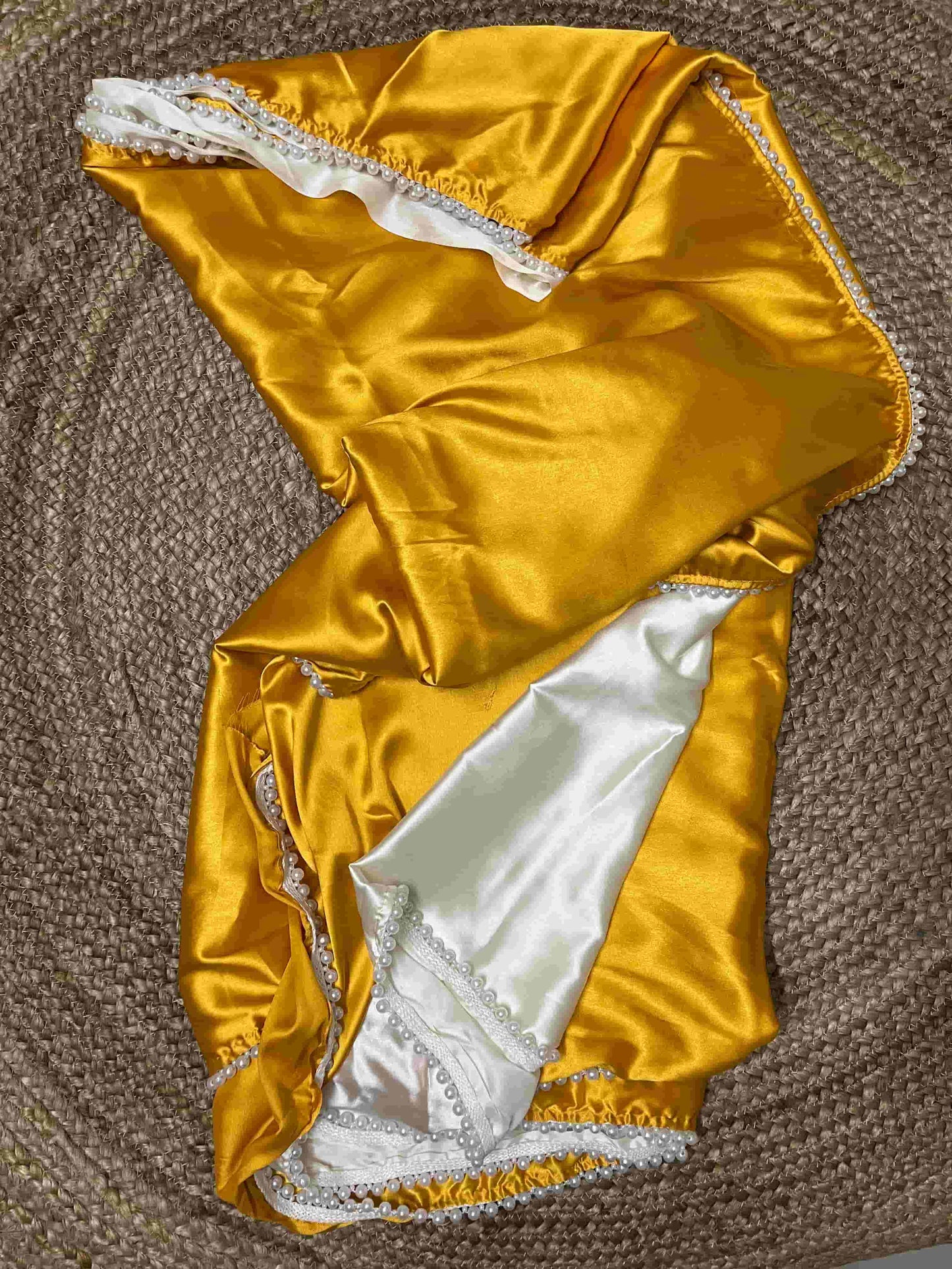 Handwoven Golden Yellow Pearl Satin Silk Saree with intricate craftsmanship by Desi Aadat