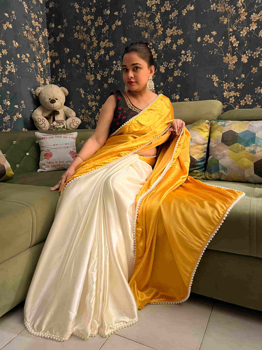 Handwoven Golden Yellow Pearl Satin Silk Saree with intricate craftsmanship by Desi Aadat