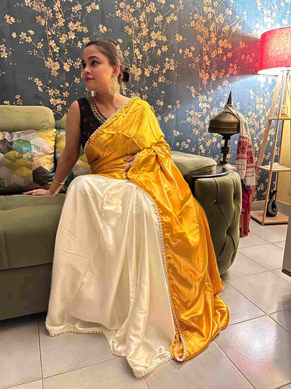 Handwoven Golden Yellow Pearl Satin Silk Saree with intricate craftsmanship by Desi Aadat