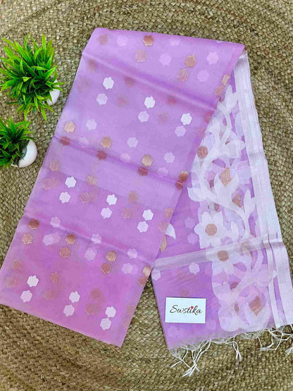 Light Purple Resham Silk Muslin Saree with Jamdani handloom weave by Desi Aadat