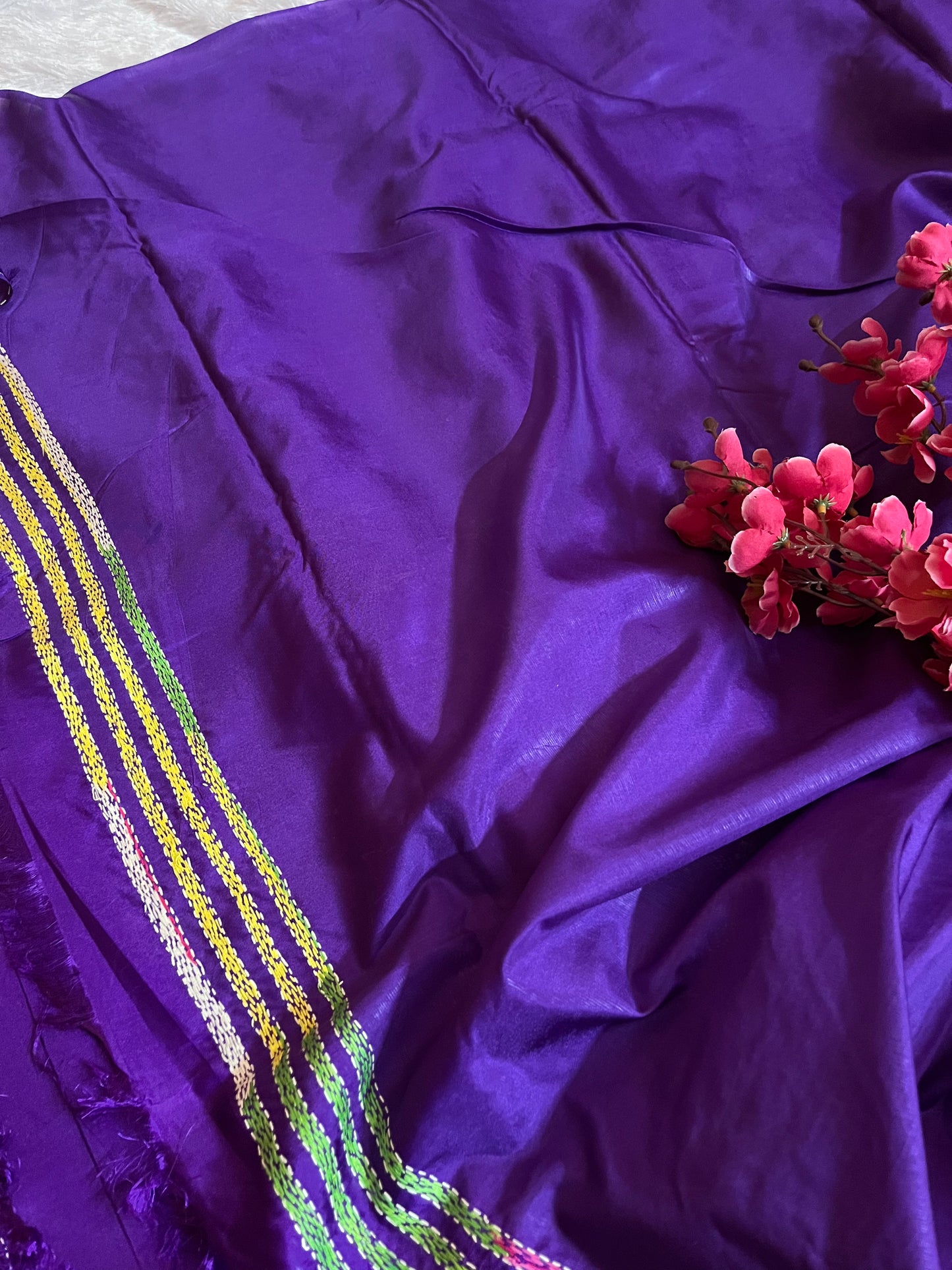 Purple handwoven Kantha Stitch Saree with bird and floral motif embroidery by Desi Aadat