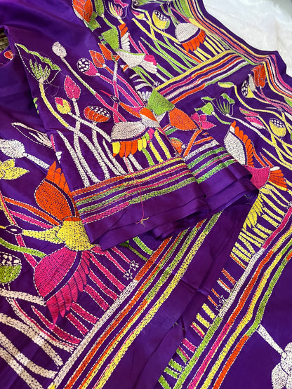 Matching purple blouse piece with coordinating bird and floral Kantha work