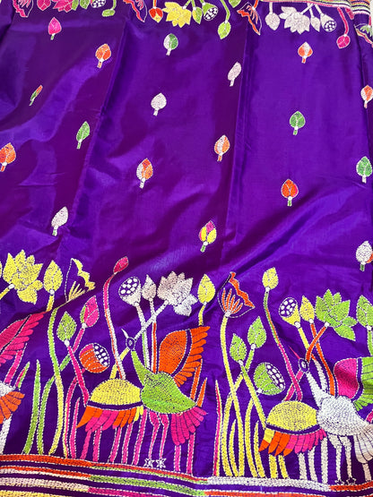 Soft texture of handwoven Bangalore Silk saree with raised Kantha embroidery detail