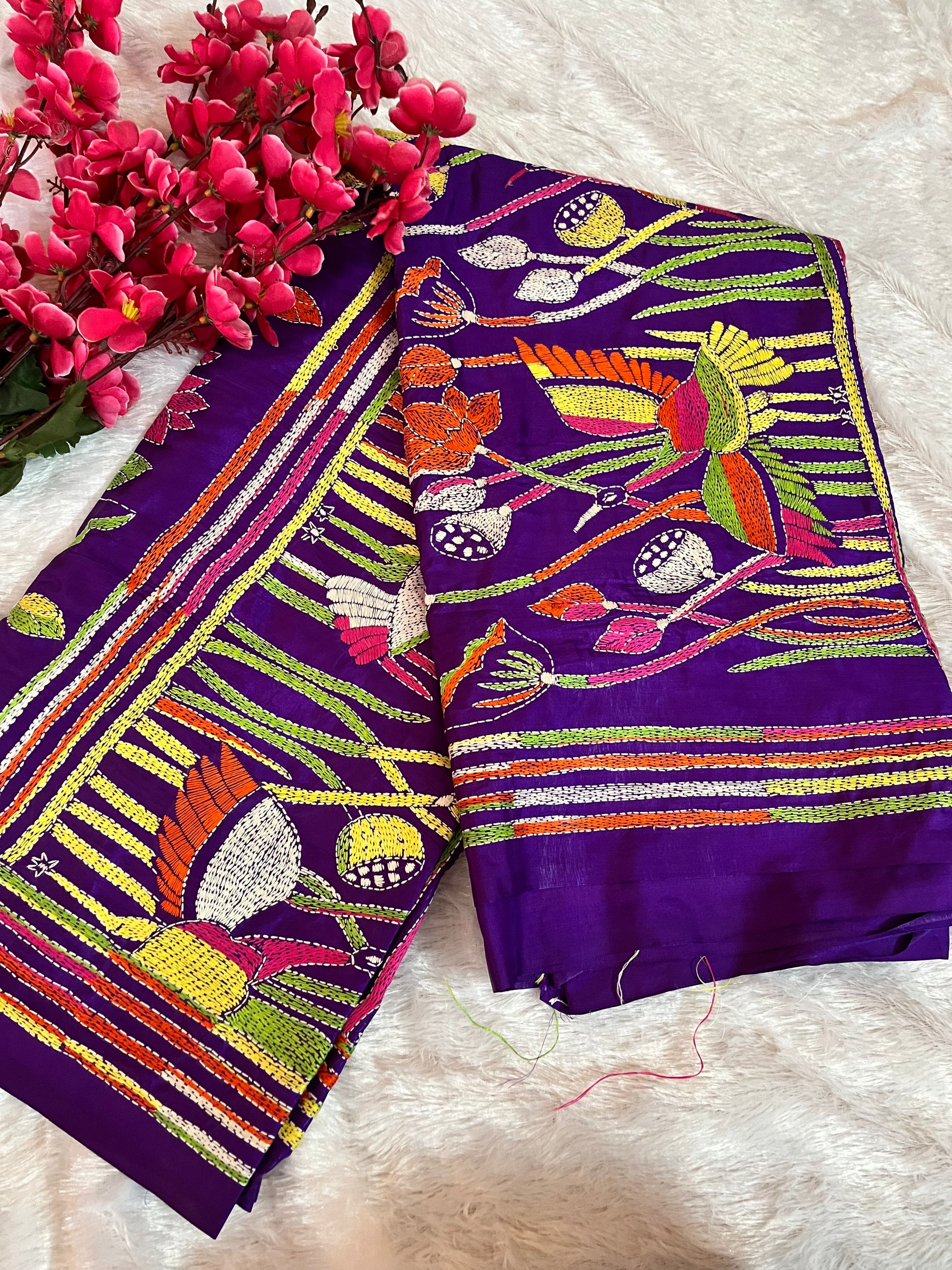 Purple handwoven Kantha Stitch Saree with bird and floral motif embroidery by Desi Aadat