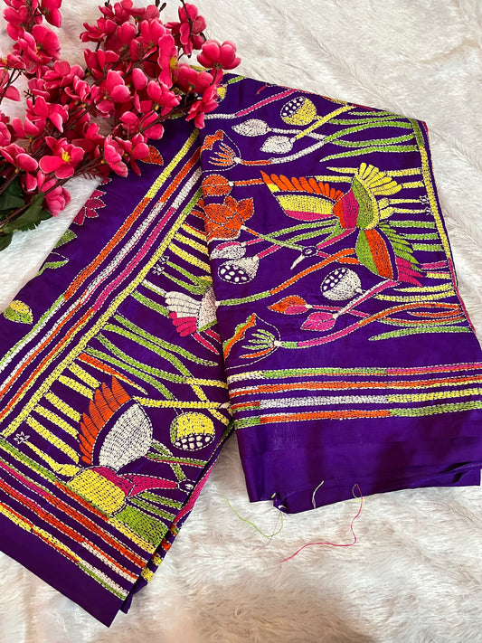 Purple handwoven Kantha Stitch Saree with bird and floral motif embroidery by Desi Aadat