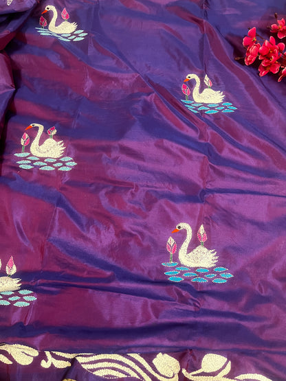 Detailed texture of Bangalore silk blend with raised golden thread Kantha work