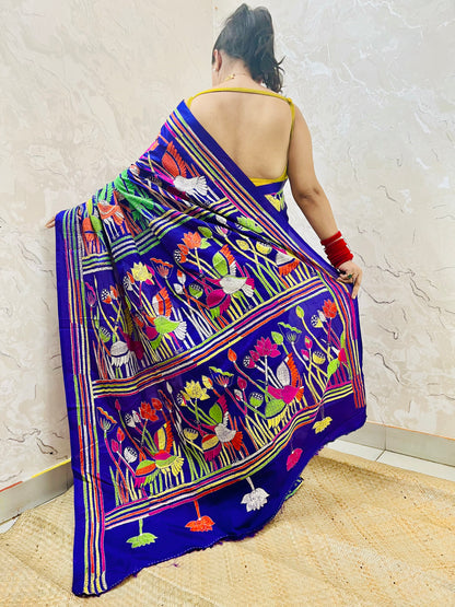 Royal Blue handwoven Kantha Stitch Saree with bird and floral motif embroidery by Desi Aadat