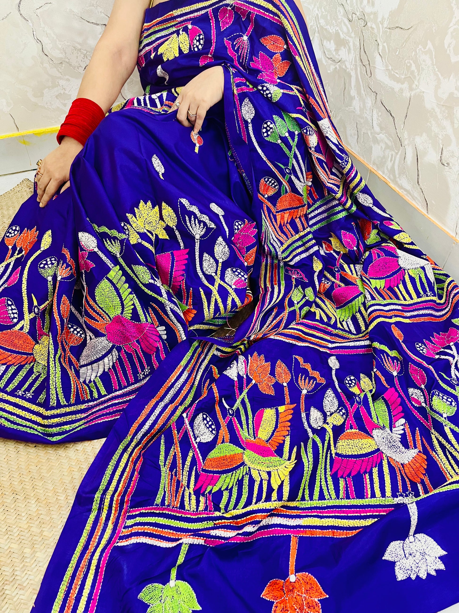 Royal Blue handwoven Kantha Stitch Saree with bird and floral motif embroidery by Desi Aadat