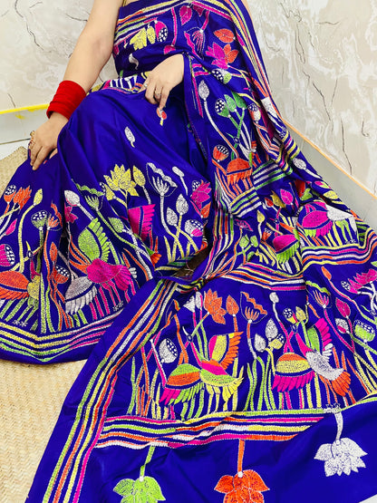 Royal Blue handwoven Kantha Stitch Saree with bird and floral motif embroidery by Desi Aadat