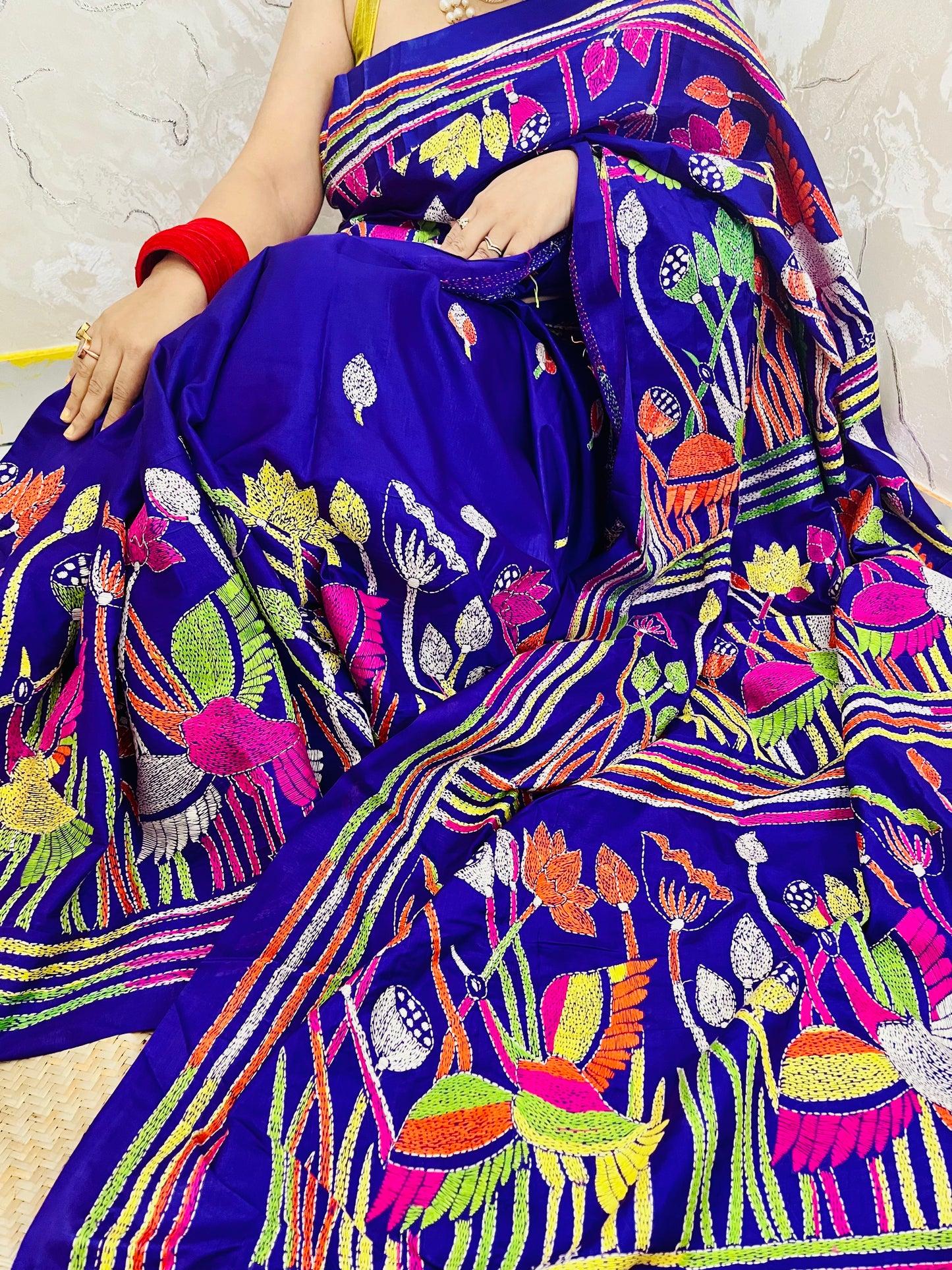 Royal Blue handwoven Kantha Stitch Saree with bird and floral motif embroidery by Desi Aadat