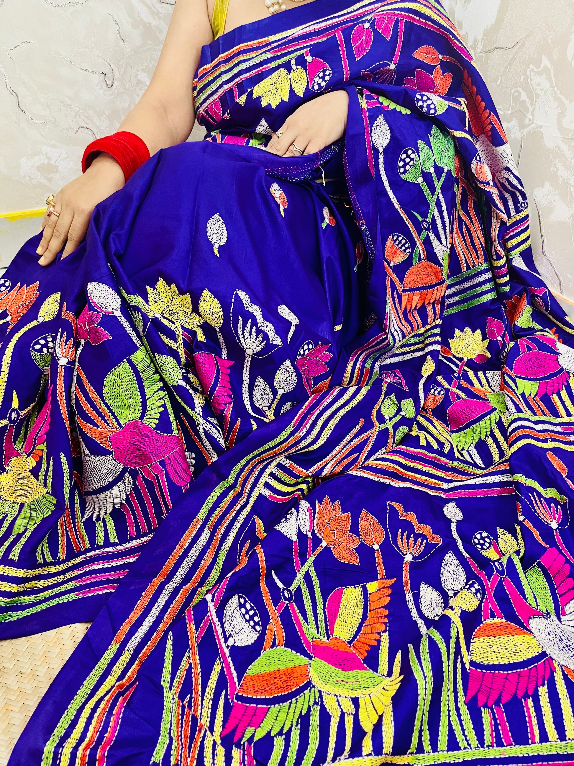 Royal Blue handwoven Kantha Stitch Saree with bird and floral motif embroidery by Desi Aadat