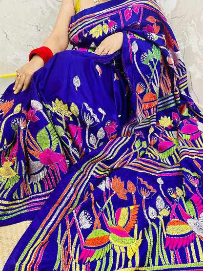 Royal Blue handwoven Kantha Stitch Saree with bird and floral motif embroidery by Desi Aadat