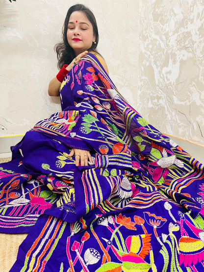 Royal Blue handwoven Kantha Stitch Saree with bird and floral motif embroidery by Desi Aadat
