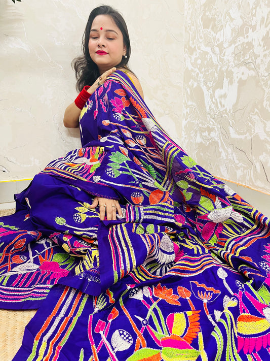 Royal Blue handwoven Kantha Stitch Saree with bird and floral motif embroidery by Desi Aadat
