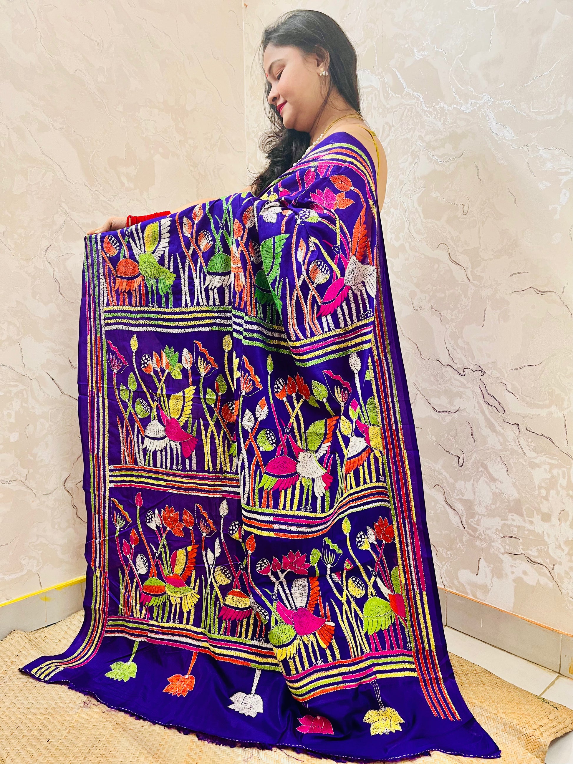 Royal Blue handwoven Kantha Stitch Saree with bird and floral motif embroidery by Desi Aadat