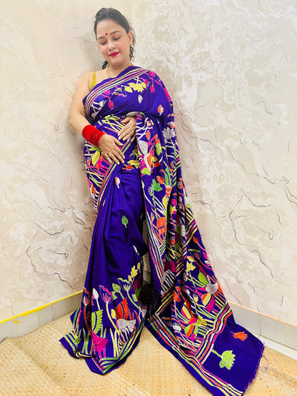 Royal Blue handwoven Kantha Stitch Saree with bird and floral motif embroidery by Desi Aadat