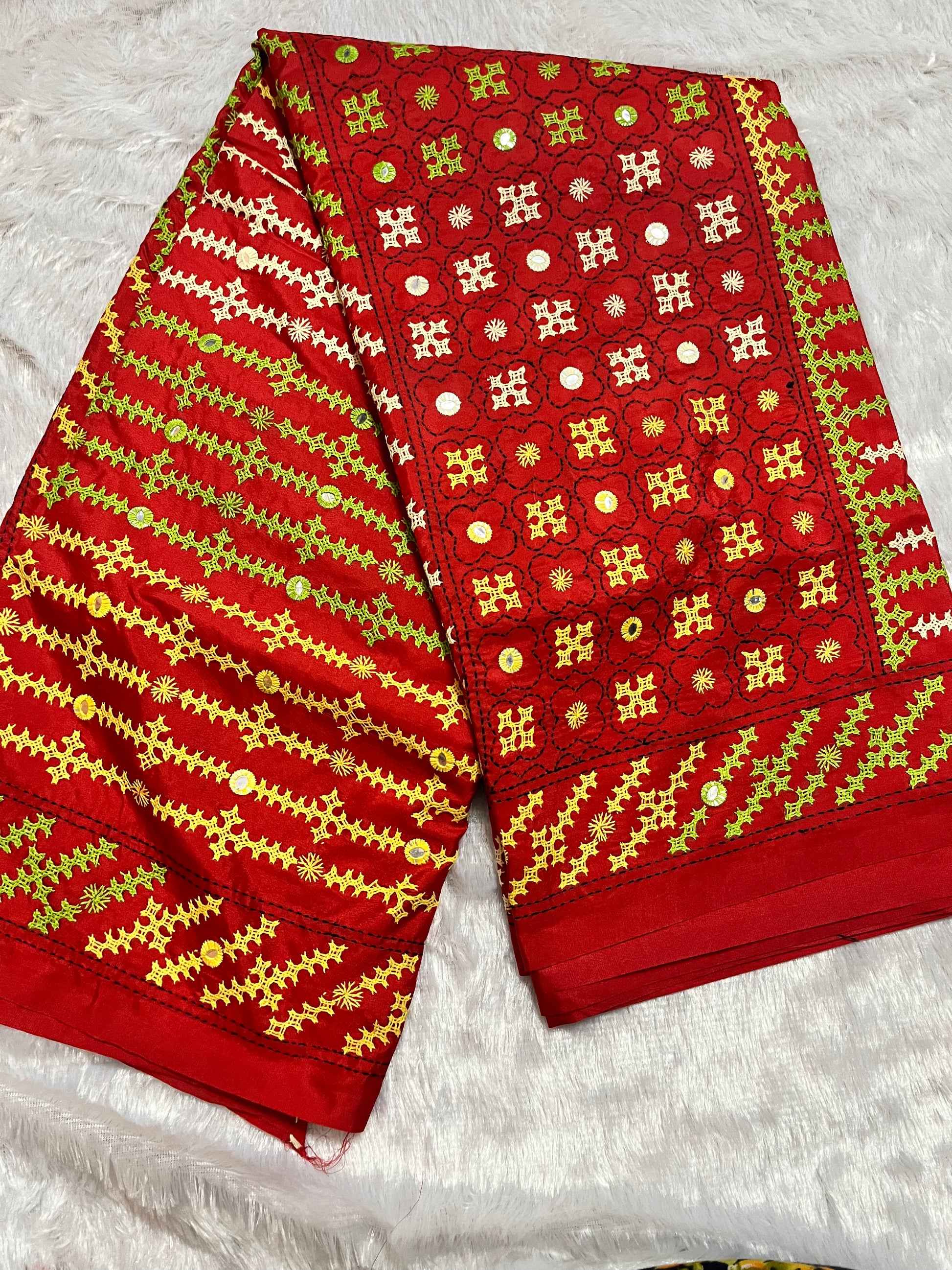 Red Gujarati Stitch Saree with green yellow white Kutch hand embroidery and mirror work by Desi Aadat
