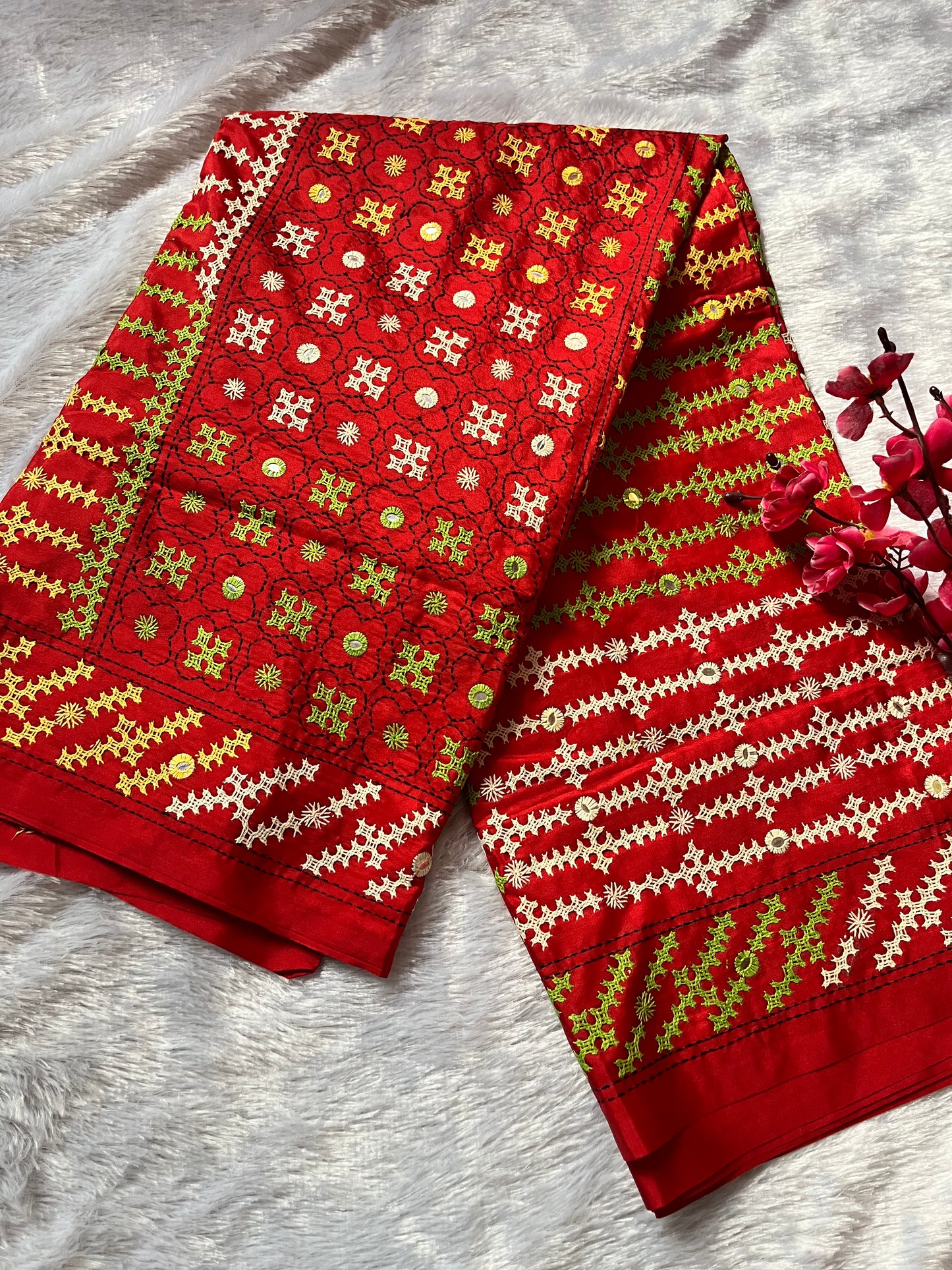 Red Gujarati Stitch Saree with green yellow white Kutch hand embroidery and mirror work by Desi Aadat