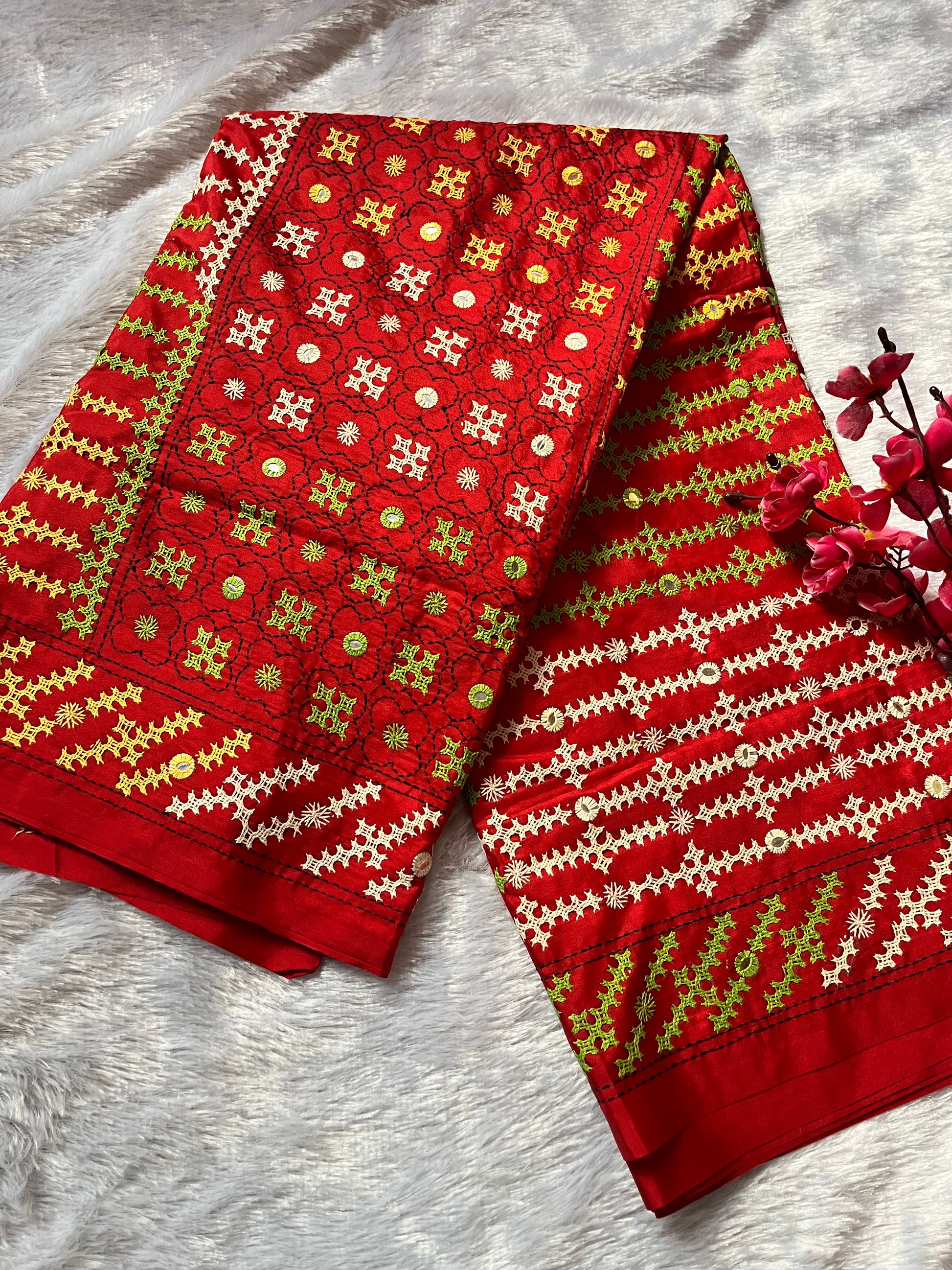 Red Gujarati Stitch Saree with green yellow white Kutch hand embroidery and mirror work by Desi Aadat
