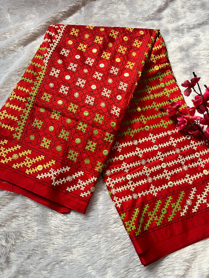 Red Gujarati Stitch Saree with green yellow white Kutch hand embroidery and mirror work by Desi Aadat