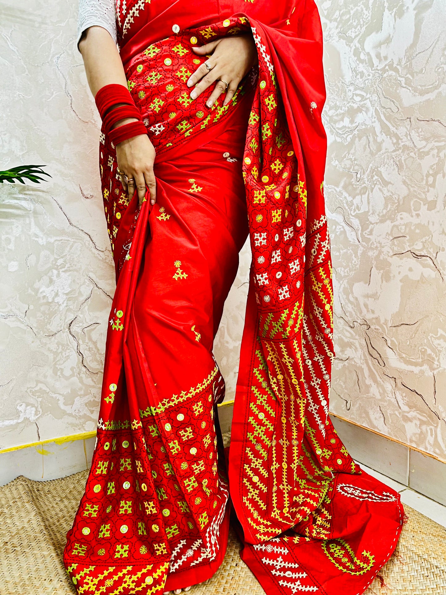 Red Gujarati Stitch Saree with green yellow white Kutch hand embroidery and mirror work by Desi Aadat