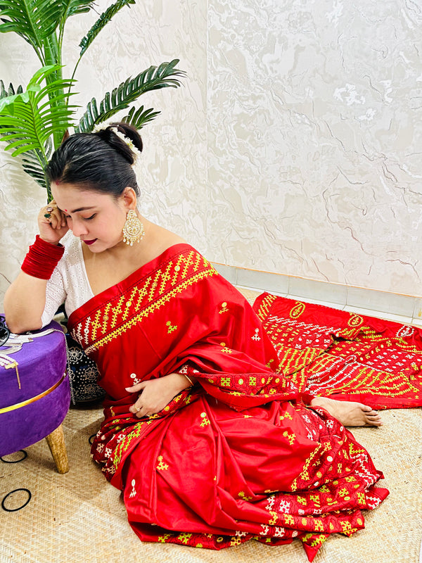 Red Gujarati Stitch Saree with green yellow white Kutch hand embroidery and mirror work by Desi Aadat