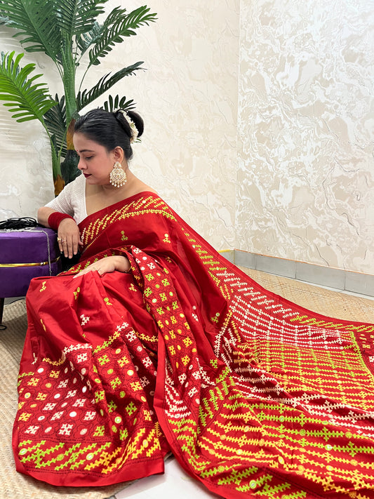 Red Gujarati Stitch Saree with green yellow white Kutch hand embroidery and mirror work by Desi Aadat