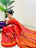 Red Gujarati Stitch Saree with green yellow white Kutch hand embroidery and mirror work by Desi Aadat