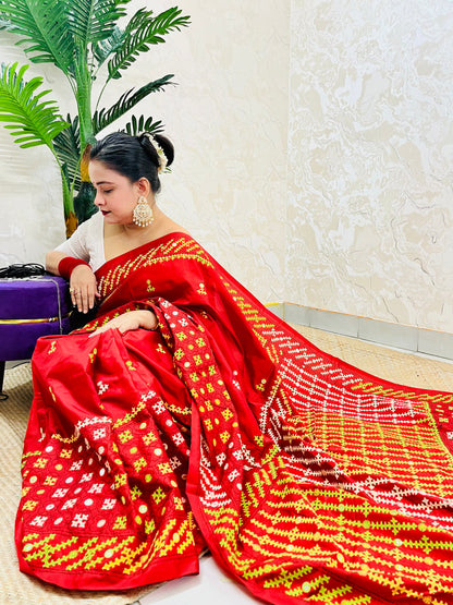 Red Gujarati Stitch Saree with green yellow white Kutch hand embroidery and mirror work by Desi Aadat