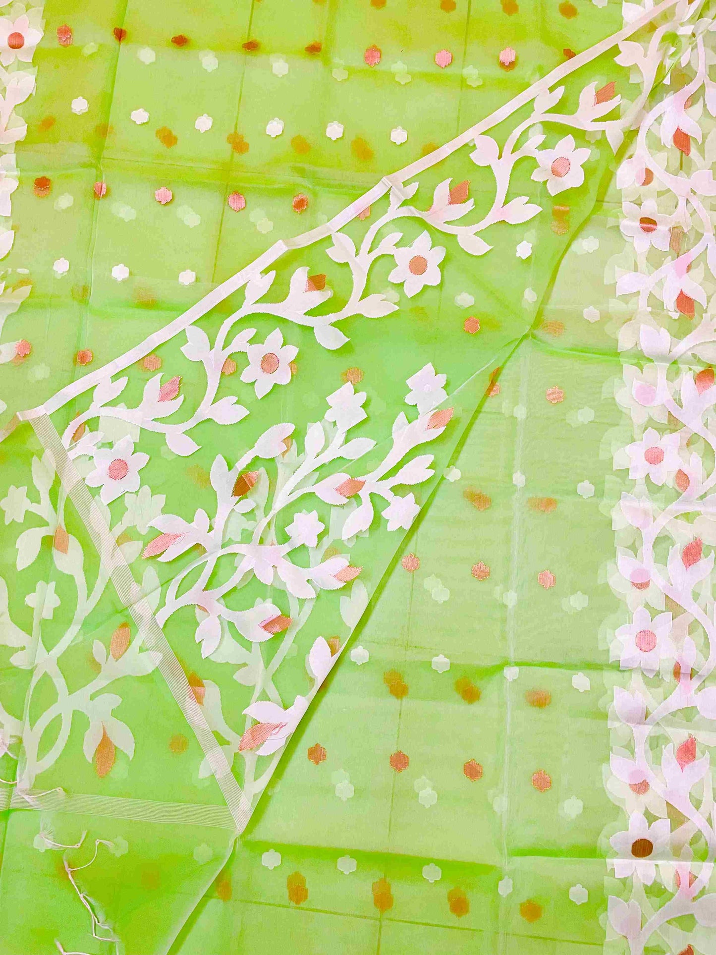 Vibrant woman in Banana Leaf Green handwoven saree showcasing Desi Aadat’s Jamdani design