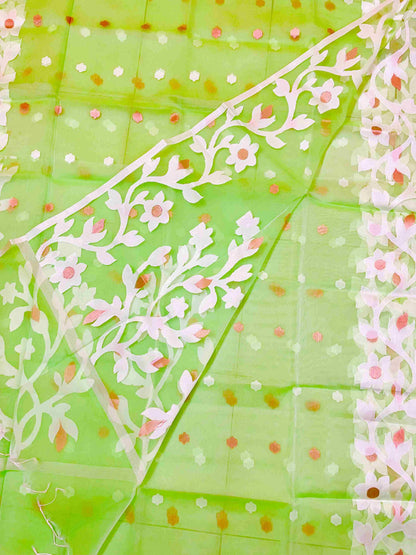 Vibrant woman in Banana Leaf Green handwoven saree showcasing Desi Aadat’s Jamdani design