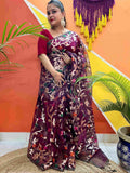 Maroon Resham Silk Muslin Saree with Jamdani handloom weave by Desi Aadat